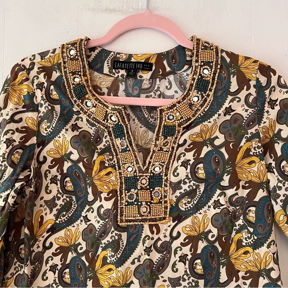 Lafayette 148 New York Paisley Cotton Poplin Tunic with Beaded Neckline Size 0 - Picture 2 of 12